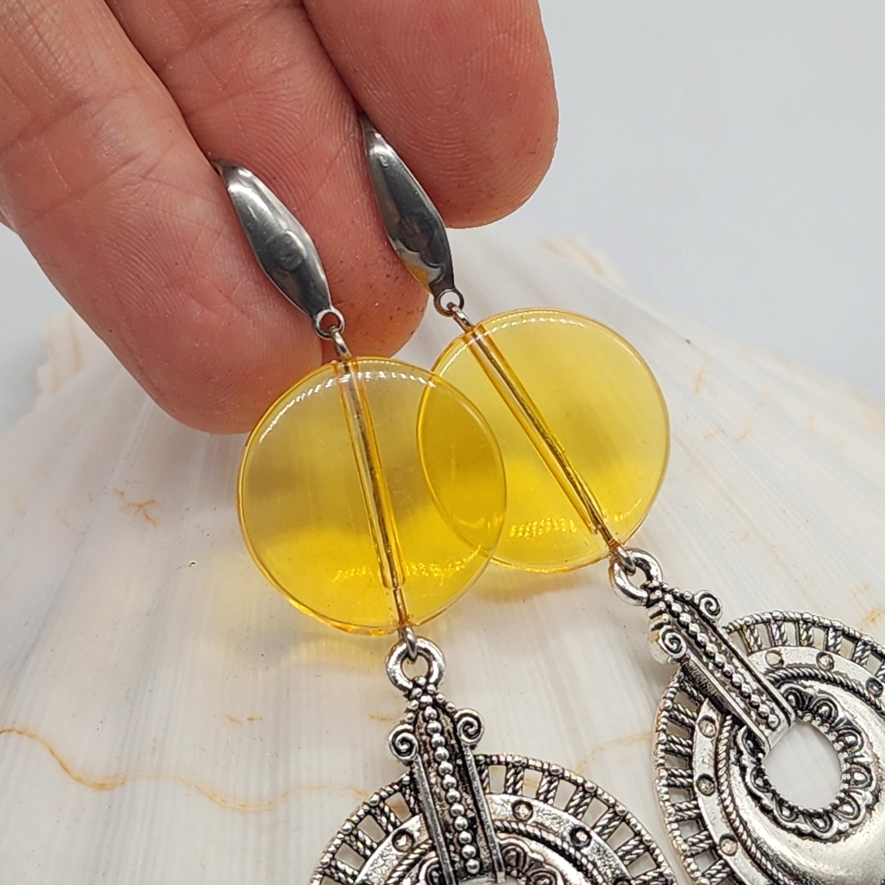Free People Jewelry Beewax Amber Silver "Inka" Discs Dangling Earrings - Picture 9 of 13